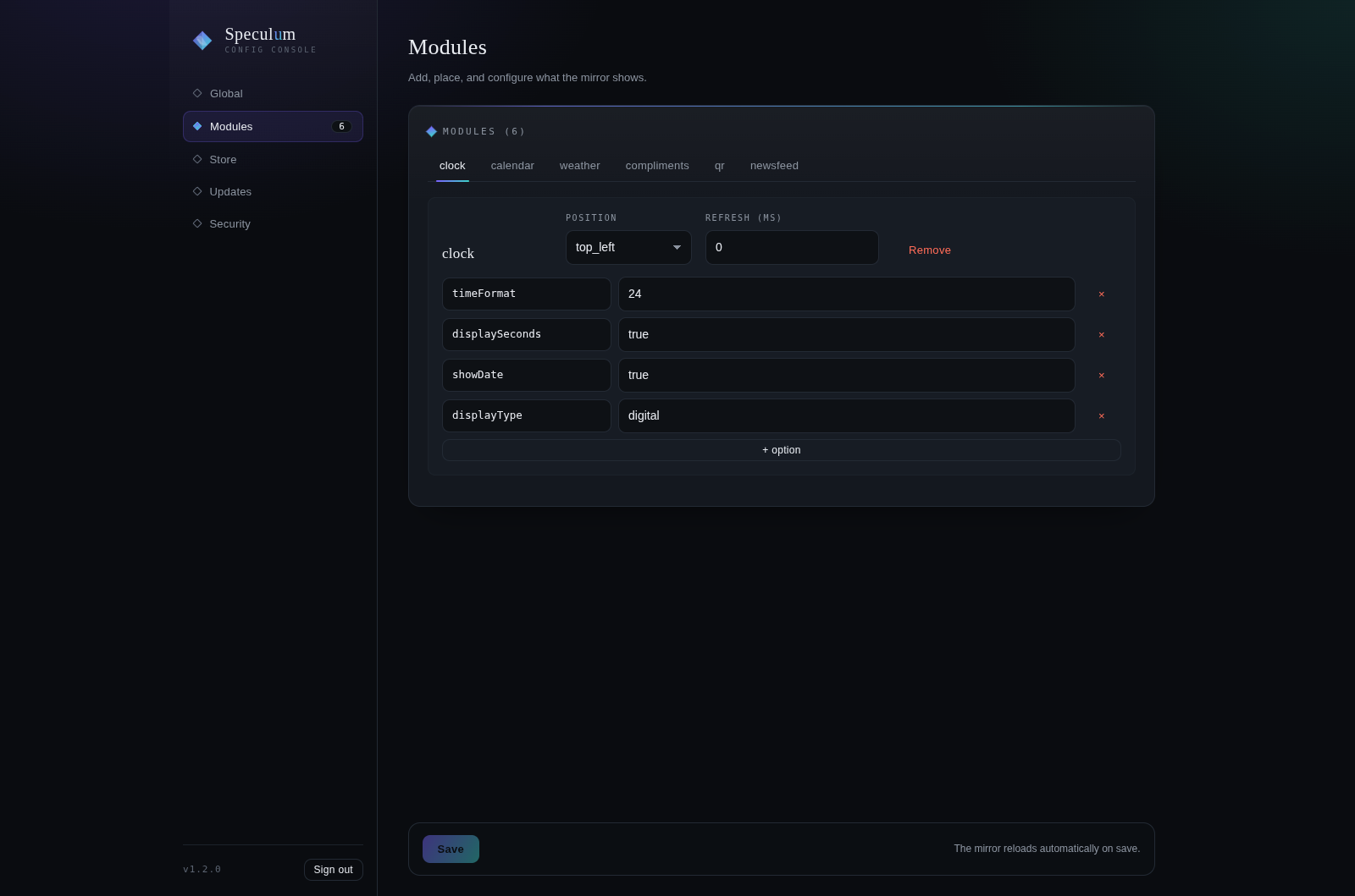 Speculum config editor with a left navigation sidebar (Global, Modules, Store, Updates, Security); the Modules section shows a tab per module and the selected module's position, refresh interval and config key-value rows