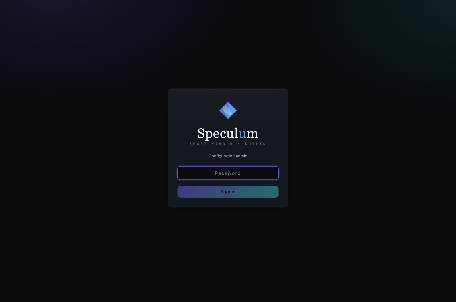 Speculum config admin sign-in screen with the Speculum wordmark and a password field on a dark background