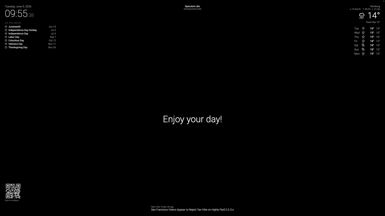 Speculum mirror running fullscreen — clock and calendar top-left, weather and 7-day forecast top-right, compliment centered, QR config code bottom-left, newsfeed along the bottom